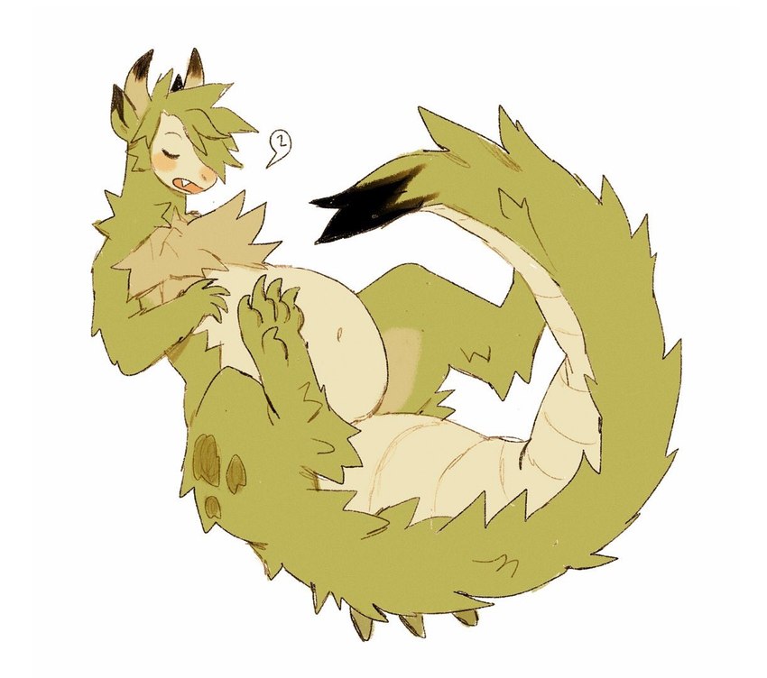 ambiguous_gender anthro belly big_belly black_markings black_tail black_tail_tip brown_body brown_fur brown_spots calf_tuft chest_tuft countershading dipstick_tail eyes_closed fangs featureless_crotch fur green_body green_ears green_fur green_hair green_tail hair horn leg_tuft markings multicolored_horn navel open_mouth orange_mouth simple_background sleeping slightly_chubby slightly_chubby_anthro solo spiked_tail spikes spikes_(anatomy) spots spotted_legs tail tail_markings tail_tuft tailbutt tan_belly tan_body tan_countershading tan_face tan_fur tan_horn tan_tail teeth tuft two_tone_horn white_background thorn_paw mythology kali_(thorn_paw) dragon furred_dragon furred_scalie mythological_creature mythological_scalie scalie 2020 digital_media_(artwork) full-length_portrait portrait female_(lore)