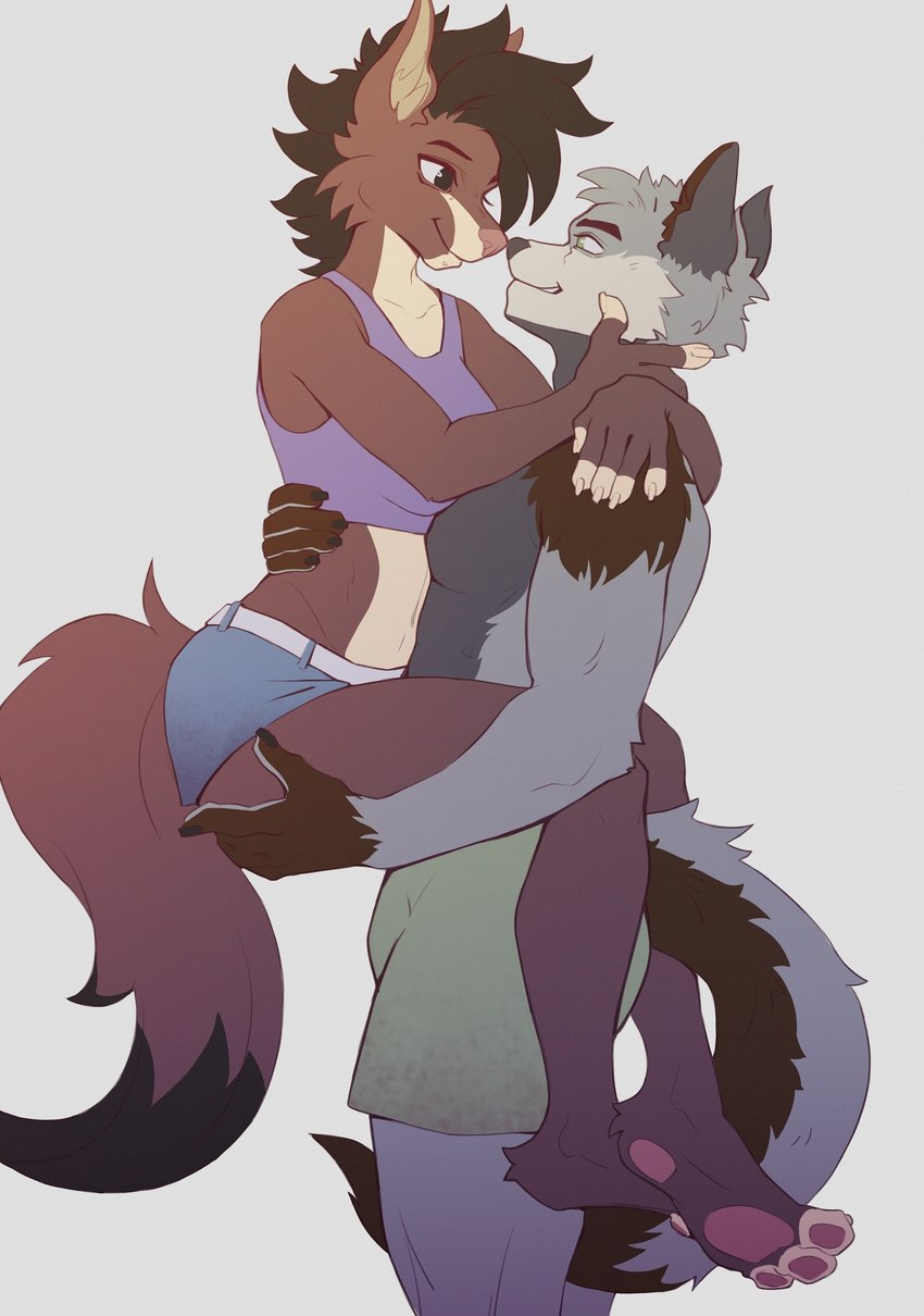 bottomwear brown_body brown_fur carrying_another carrying_partner clothing duo female fur grey_body grey_fur hotpants male shorts topwear ansart arcori zoe_(arcori) canid canine canis mammal wolf hi_res