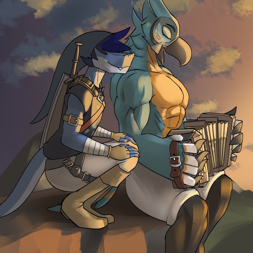 anthro clothing duo male male/male muscular muscular_male singing sunset tail tala128 breath_of_the_wild mythology nintendo the_legend_of_zelda kass_(tloz) avian bird dragon mythological_creature mythological_scalie rito scalie 1:1 absurd_res hi_res