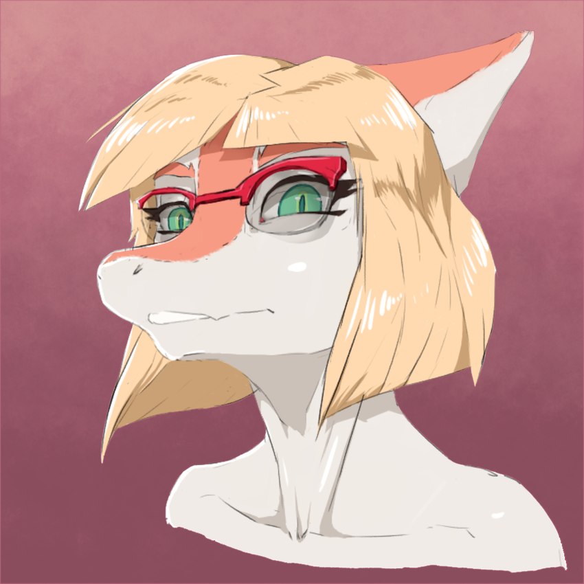 anthro biped blonde_hair bone_frill eyelashes eyewear female frill_(anatomy) front_view glasses green_eyes hair looking_at_viewer medium_hair multicolored_body multicolored_scales orange_body orange_scales red_background round_glasses scales simple_background solo teeth two_tone_body two_tone_scales white_body white_scales eztli_(artist) goodbye_volcano_high naomi_(gvh) dinosaur hadrosaurid ornithischian ornithopod parasaurolophus prehistoric_species reptile scalie 1:1 bust_portrait colored portrait shaded