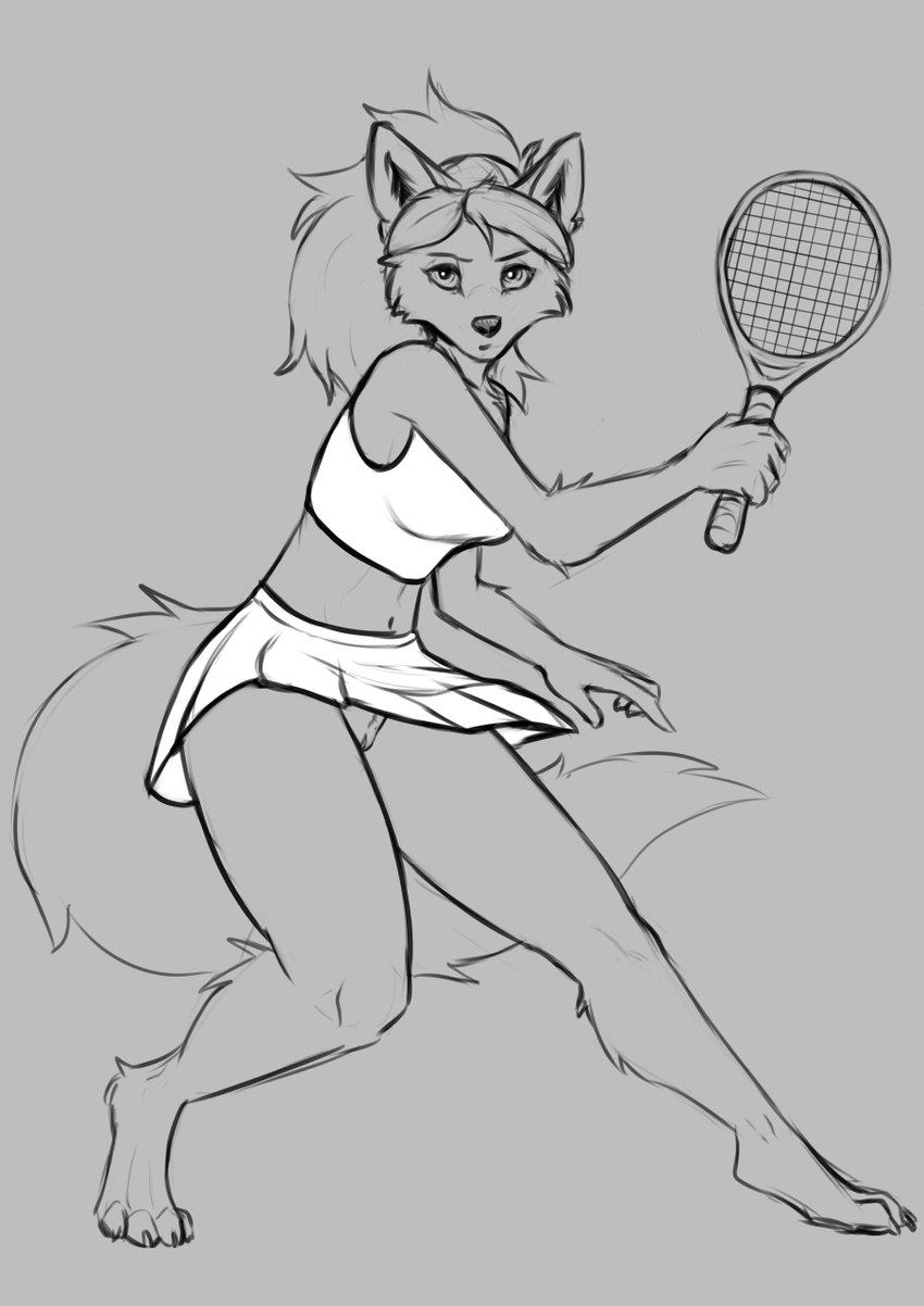 action_pose anthro barefoot biped bottomwear claws clothed clothing eyebrows feet female fur genitals hair hindpaw holding_tennis_racket looking_at_viewer navel no_underwear paws pleated_skirt ponytail pose pussy skirt solo standing tail tennis_racket toe_claws topwear upskirt foxovh canid canine mammal 2022 digital_media_(artwork) full-length_portrait greyscale hi_res monochrome portrait sketch