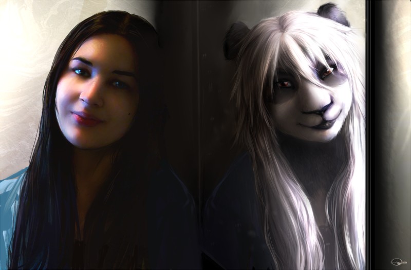 altered_reflection anthro dual_persona duality female front_view looking_at_viewer mirror real reflection solo symmetry shalinka shalinka_(character) bear giant_panda human mammal bust_portrait digital_media_(artwork) portrait