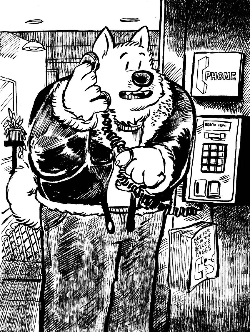 anthro book bottomwear cable claws clothing electronics fur_coat holding_object holding_phone inside male on_phone open_mouth pants payphone phone plant plant_pot potted_plant rug sharp_teeth solo teeth telephone_directory toony billy_fore canid canine canis domestic_dog mammal hi_res monochrome