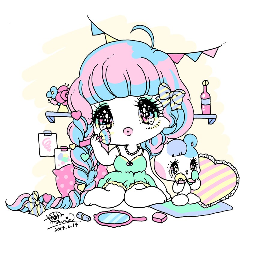 accessory ahoge anthro applying_makeup bangs barefoot bedding big_eyes big_head blanket blue_bow blue_hair blunt_bangs blush_(makeup) bottle bow_ribbon braided_hair chibi clothing compact container dress duo eyelashes eyeshadow feet female flag flag_(object) flower frilly_pillow gem glistening glistening_eyes green_clothing green_dress green_eyeshadow hair hair_accessory hair_bow hair_ribbon hairclip hand_mirror head_tuft heart_eyes heart_hair_accessory heart_symbol jewelry kemono lips makeup makeup_brush mirror multicolored_eyes multicolored_hair necklace nude_anthro pearl_(gem) pearl_necklace personal_grooming pigtails pillow pink_bottle pink_bow pink_hair pink_lips pink_pillow plant plant_pot potted_plant powder_puff ribbons round_ears shelf sitting sparkles sparkling_eyes spots spotted_pillow starry_eyes striped_bow striped_pillow tape thick_lips tuft twin_braids wariza white_body white_skin yellow_bow yellow_pillow yurie_sekiya bear human mammal 1:1