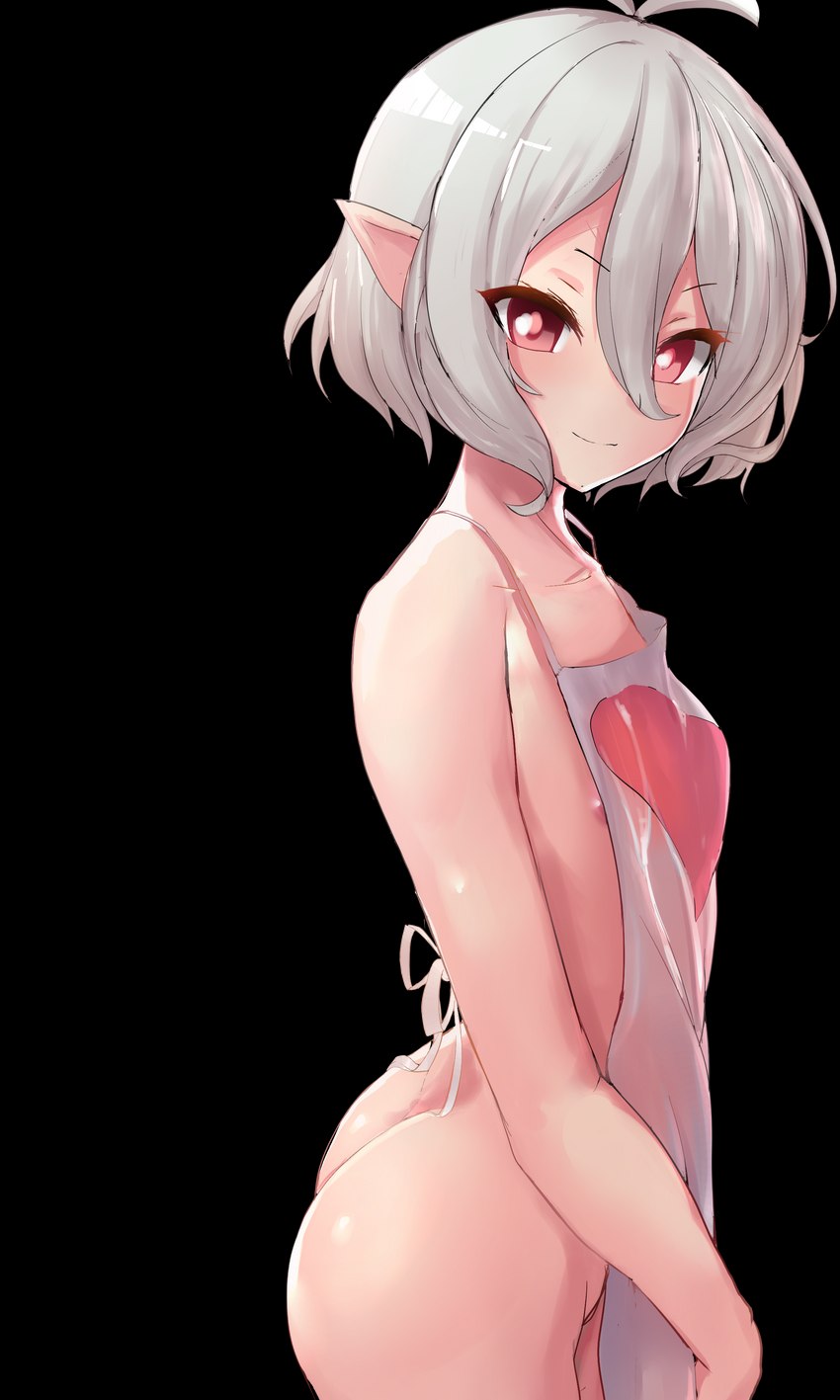 apron apron_only butt clothing female grey_hair hair looking_at_viewer mostly_nude nipple_slip short_hair smile solo 9is cygames princess_connect! princess_connect!_re:dive kokkoro_(princess_connect!) elf humanoid 2020 3:5 absurd_res alpha_channel hi_res