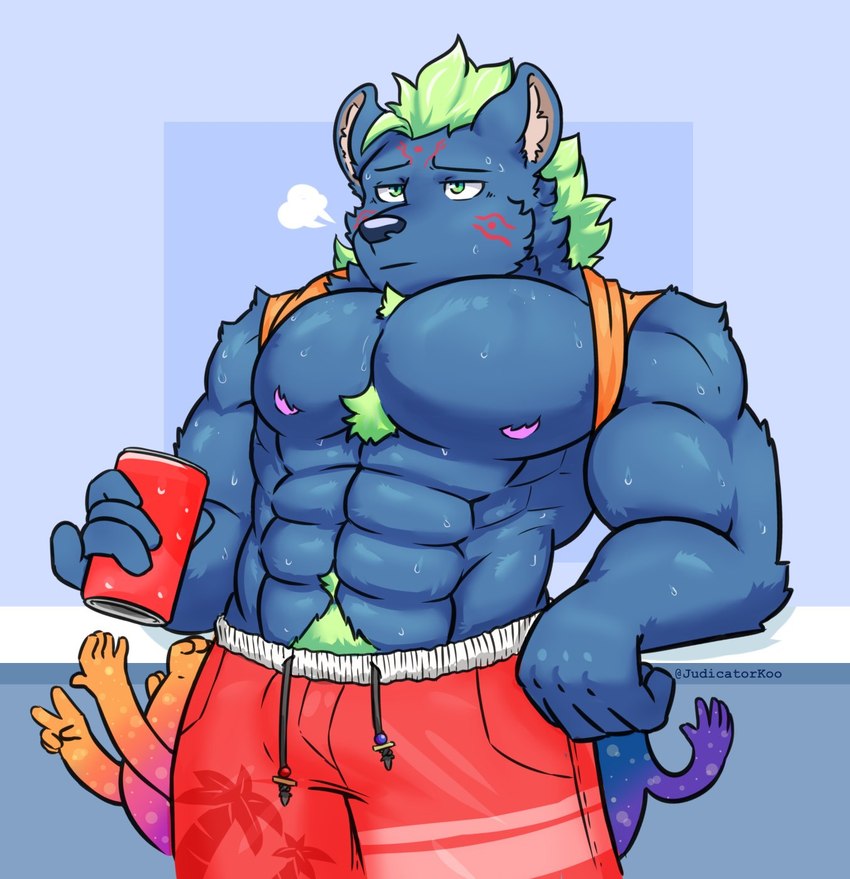 abs anthro beverage_can bodily_fluids bottomwear clothing male muscular muscular_anthro muscular_male nipples pecs pubes shirtless shorts solo sweat swimwear judicatorkoo lifewonders tokyo_afterschool_summoners nyarlathotep_(tas) hyena mammal hi_res