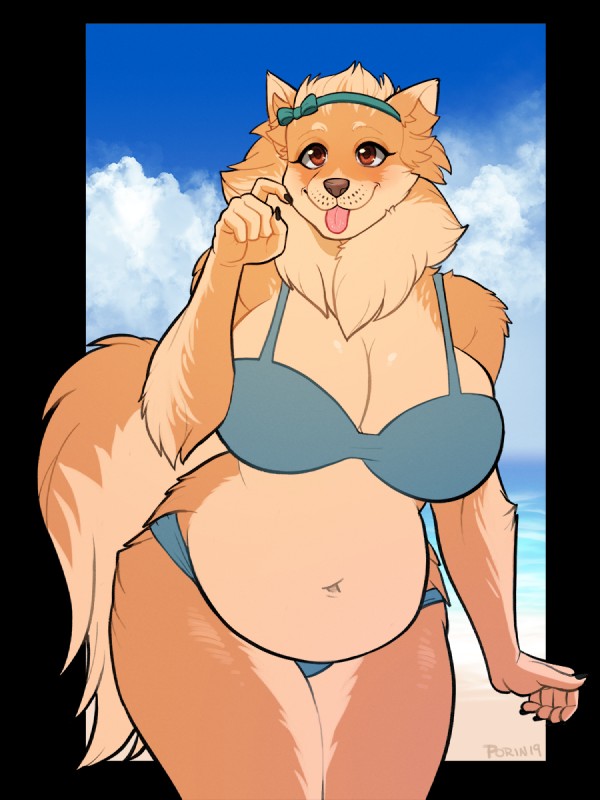 anthro beach belly belly_overhang big_breasts bikini breasts cleavage clothed clothing female fur looking_at_viewer navel outside overweight overweight_anthro overweight_female seaside smile solo standing swimwear thick_thighs tongue tongue_out two-piece_swimsuit wide_hips porin queenie canid canine canis domestic_dog mammal molosser pomeranian spitz 2019 3:4 alpha_channel digital_media_(artwork) hi_res