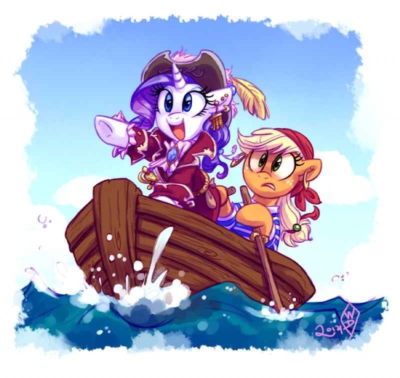 blonde_hair blue_eyes boat clothing duo female feral freckles fur green_eyes hair hat headgear headwear horn long_hair oar pirate purple_hair vehicle watercraft whitediamonds friendship_is_magic hasbro my_little_pony mythology applejack_(mlp) rarity_(mlp) earth_pony equid equine horse mammal mythological_creature mythological_equine pony unicorn