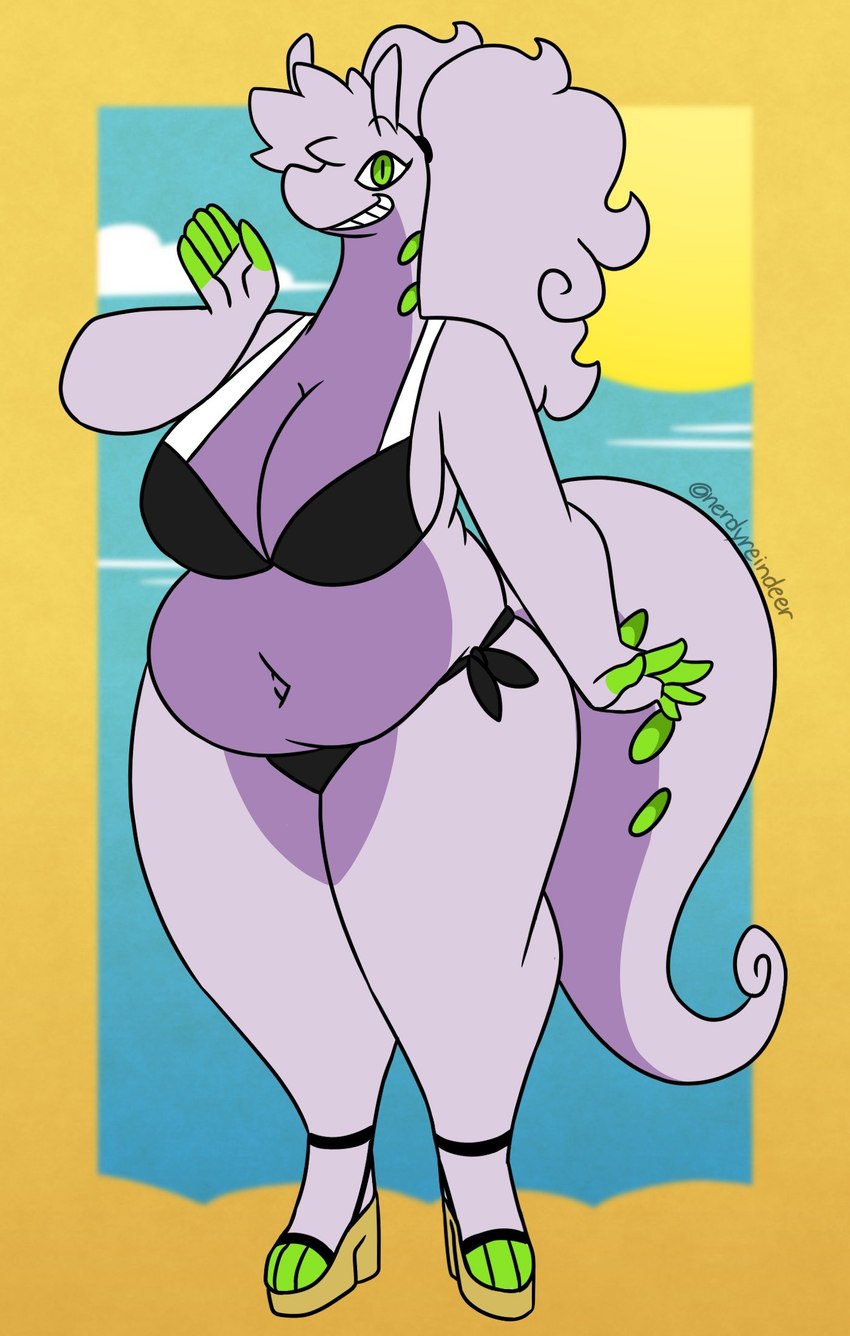 anthro big_breasts bikini black_bikini black_clothing black_swimwear breasts cleavage clothed clothing countershading curvy_figure female footwear green_eyes hair navel non-mammal_breasts overweight ponytail pseudo_hair purple_body purple_countershading sandals shoes side-tie_bikini smile solo string_bikini swimwear two-piece_swimsuit nerdyreindeer mythology nintendo pokemon dragon gastropod generation_6_pokemon goodra mollusk mythological_creature mythological_scalie pokemon_(species) scalie hi_res