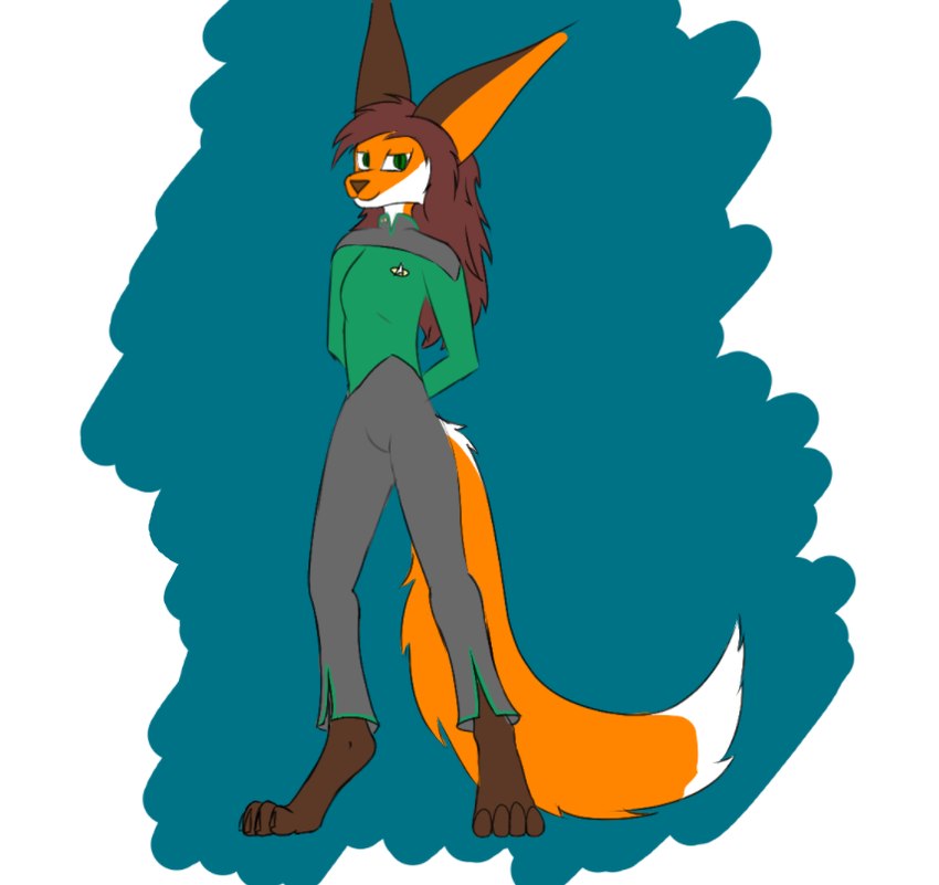 4_toes anthro big_ears brown_ears brown_hair brown_nose clothing com_badges countershade_face countershading digitigrade dipstick_tail feet female fur green_eyes green_uniform hair hands_behind_back looking_at_viewer markings no_shading orange_body orange_fur simple_background smile solo standing starfleet_insignia starfleet_uniform tail tail_markings toes uniform kinipshun star_trek michelle_(kinipshun) alderian canid canine fox mammal red_fox true_fox colored_sketch digital_media_(artwork) sketch