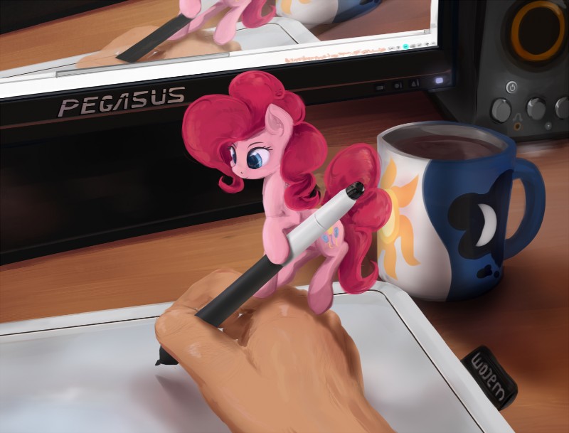 blowup_background blue_eyes breaking_the_fourth_wall container cup cutie_mark desk drawing drawing_(action) drawing_tablet drawn_over electronics female feral fur furniture hair inside monitor pen pink_body pink_fur pink_hair simple_background solo speaker table tablet text scootiebloom friendship_is_magic hasbro my_little_pony pinkie_pie_(mlp) earth_pony equid equine horse mammal pony 2015 english_text hi_res