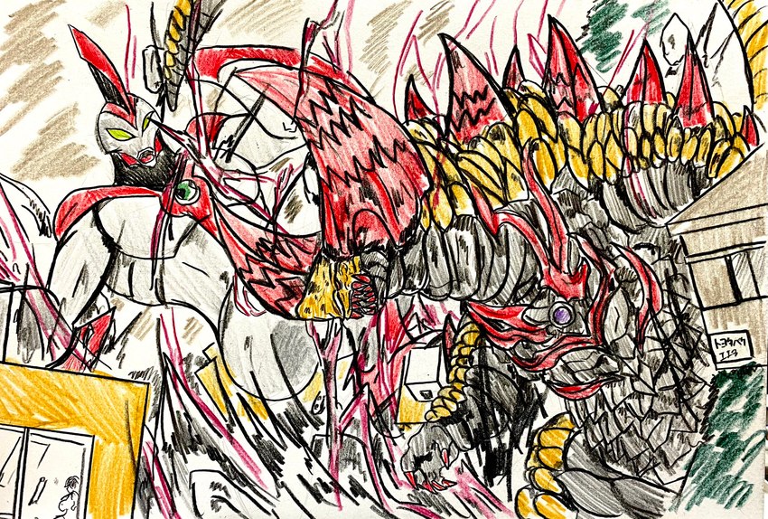 battle city city_background city_destruction claws destruction fighting_pose horn long_tail male omnitrix pose sharp_teeth tail teeth a1fze8an2s4ffdy ben_10 cartoon_network ultraman_(series) ultraman_geed gomora red_king way_big alien alien_humanoid humanoid kaiju to'kustar crossover hi_res