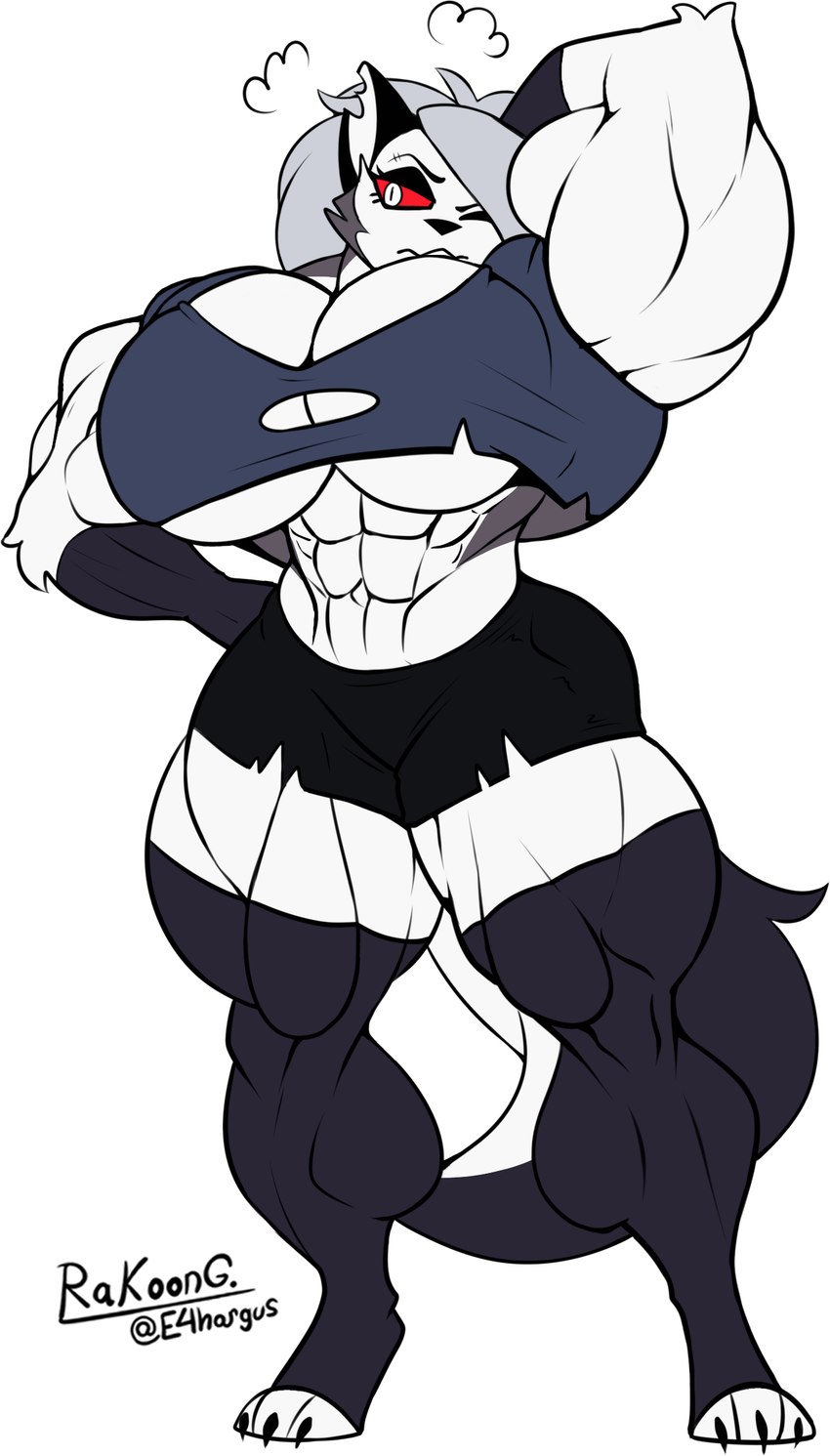 abs anthro biceps big_breasts big_muscles breasts clothed clothing ear_piercing ear_ring eyelashes eyeshadow female fur hair huge_breasts makeup muscular muscular_anthro muscular_female piercing ring_piercing simple_background solo thick_thighs white_body white_fur e4hargus helluva_boss mythology loona_(helluva_boss) canid canid_demon canine canis demon hellhound mammal mythological_canine mythological_creature wolf digital_media_(artwork) hi_res