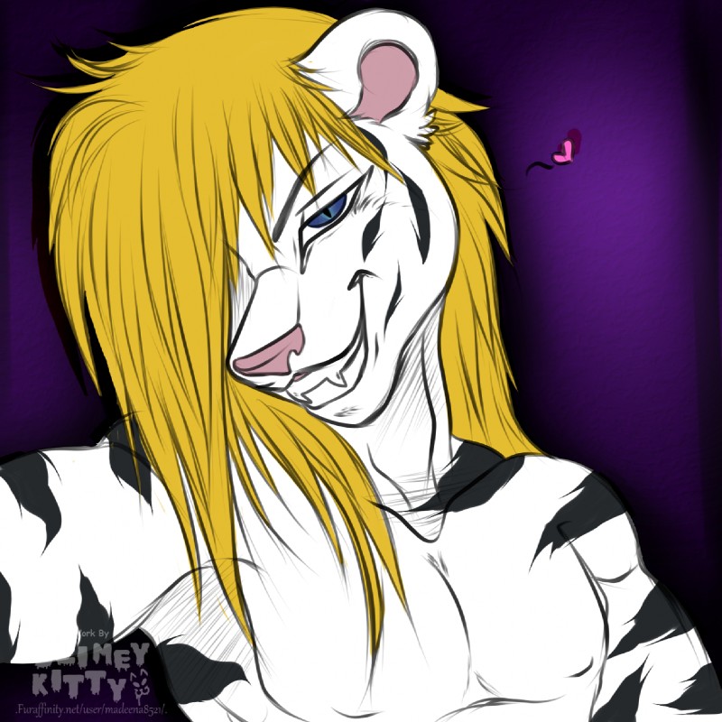 anthro athletic athletic_male blonde_hair blue_eyes eyebrows fur hair heart_symbol leucistic male multicolored_body multicolored_fur muscular muscular_anthro muscular_male pink_nose sharp_teeth smile solo stripes teeth white_body white_fur madeena8521 nyla_(whitekitteh) felid mammal pantherine tiger 1:1 hi_res