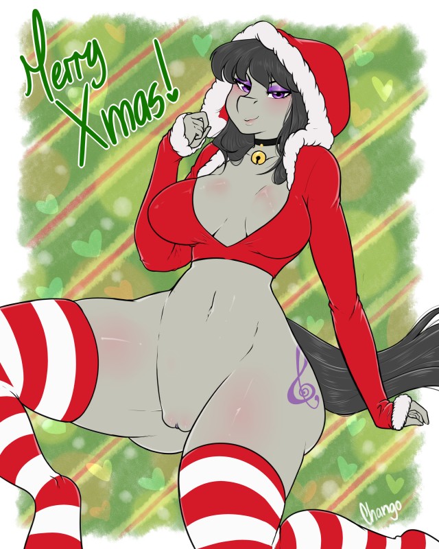 anthro biped bottomless choker clothed clothing female genitals half-closed_eyes holidays jewelry legwear looking_at_viewer narrowed_eyes necklace pussy sitting smile smirk solo text thick_thighs thigh_highs chango-tan christmas friendship_is_magic hasbro my_little_pony octavia_(mlp) 4:5 absurd_res hi_res