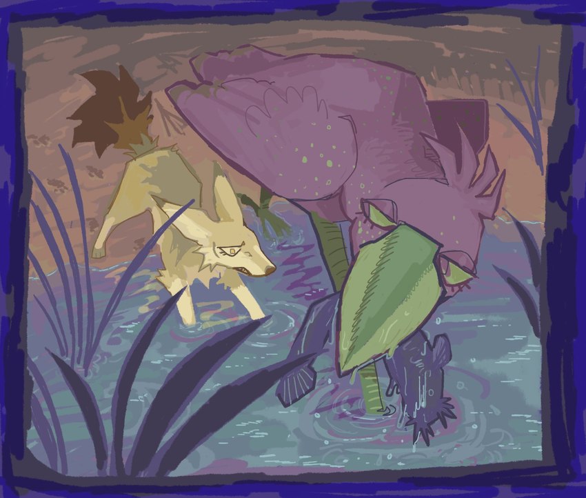 ambiguous_gender detailed_background duo feathers feral fur outside purple_body purple_feathers water yellow_body yellow_fur guncht maverick_(guncht) rue_(guncht) avian bird canid canine canis jackal mammal pelecaniform shoebill hi_res