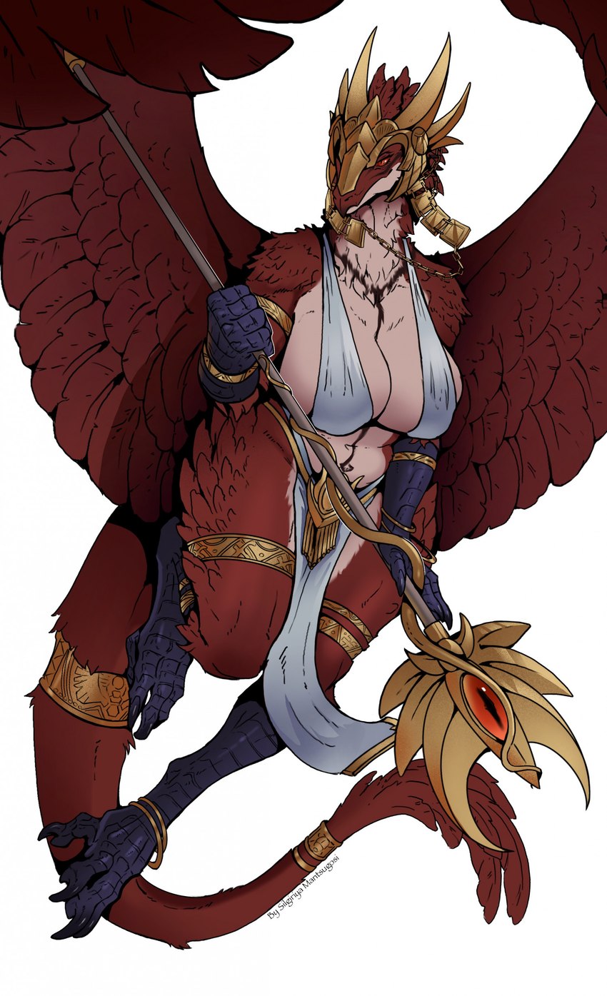 anthro avian_legs big_breasts bracelet breasts claws clothing faceplate feathered_wings feathers female gold_(metal) headdress jewelry melee_weapon non-mammal_breasts red_body red_eyes red_feathers solo staff tail thick_thighs toe_claws weapon wide_hips wings silgiriya_mantsugosi warhammer_(franchise) warhammer_40000 fe'ra avian chaos_daemon daemon_of_tzeentch lord_of_change absurd_res hi_res