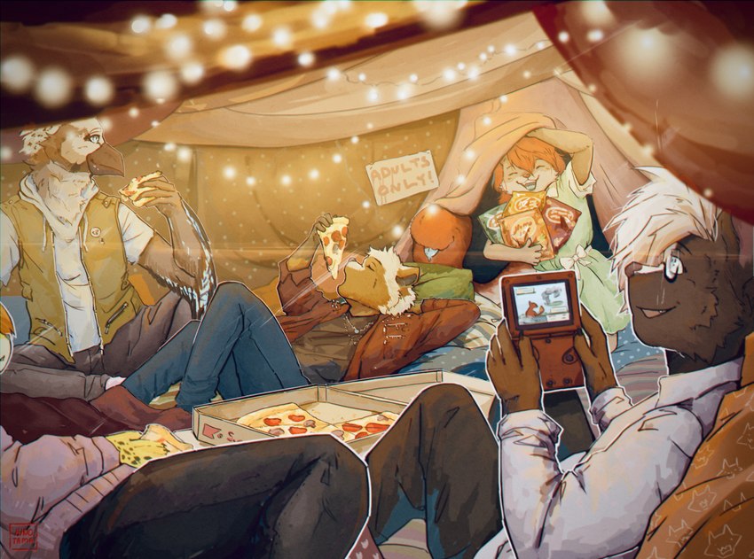 anthro camping chip_bag chips_(food) container eating eating_food eyewear family feathers female food glasses group holding_food holding_object lights male pizza pizza_box pizza_slice sleepover snacks tail tail_mouth tent tongue tongue_out unusual_anatomy unusual_tail video_game_console video_game_reference wearing_glasses wings hinotama legend_of_ahya ahya_(legend_of_ahya) jacob_(theansweringanimal) max_thrash steven_stinkman taylor_renee_wolford_(darkflamewolf) avian bird canid canine canis corvid eurasian_jay falcon falconid jay_(bird) mammal mephitid old_world_jay oscine passerine procyonid raccoon skunk wolf hi_res