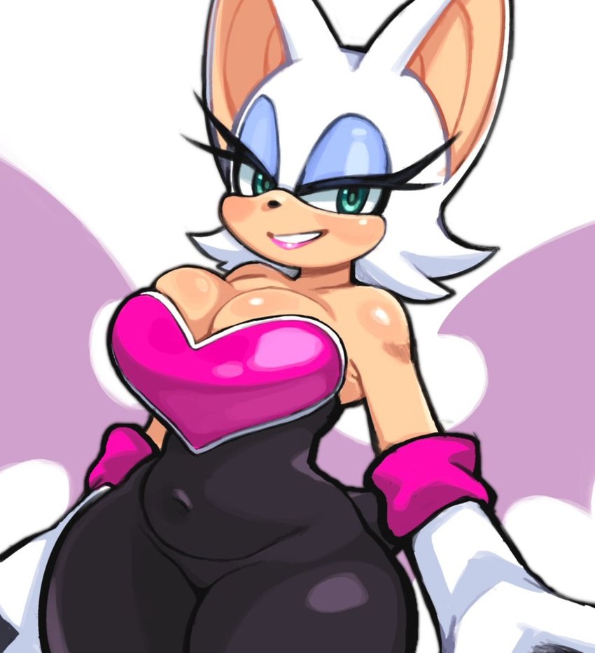 anthro armwear bare_shoulders breasts cleavage clothed clothing elbow_gloves eyeshadow female fur gloves green_eyes handwear light_body light_skin lipstick makeup narrowed_eyes simple_background smile solo white_body white_fur wings paperrose sega sonic_the_hedgehog_(series) rouge_the_bat bat mammal 2023