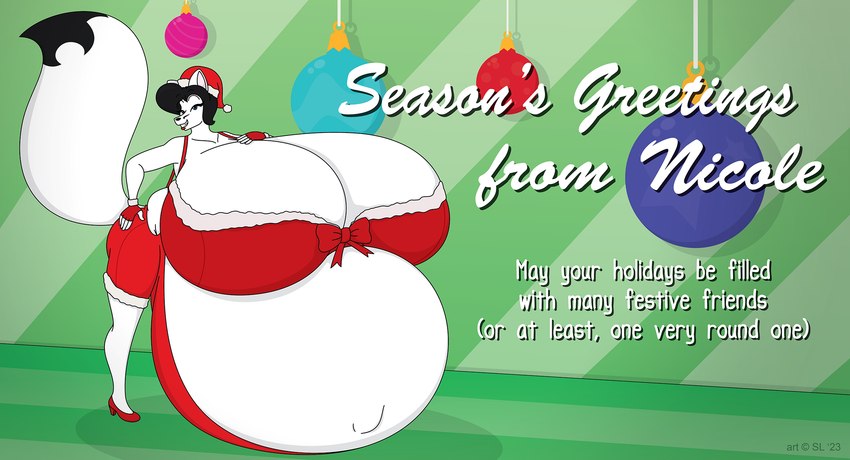 anthro belly big_belly big_breasts black_hair blue_eyes bottomwear breasts butt christmas_clothing christmas_decorations christmas_headwear christmas_ornament clothing copyright_symbol female footwear fur hair hat headgear headwear high_heels holidays huge_belly huge_breasts hyper hyper_belly hyper_breasts hyper_pregnancy navel outie_navel pregnant santa_hat shoes shorts smile smiling_at_viewer solo symbol text thick_thighs topwear white_body white_fur satsumalord christmas nicole_(satsumalord) arctic_fox canid canine fox mammal true_fox 2023 digital_media_(artwork) english_text hi_res