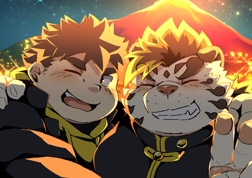 anthro blush duo eyes_closed hug humanoid_hands kemono male male/male night outside overweight overweight_male ptcmtr lifewonders tokyo_afterschool_summoners chubby_protagonist_(tas) licho_(tas) protagonist_(tas) felid human lion mammal pantherine tiger 2020 hi_res