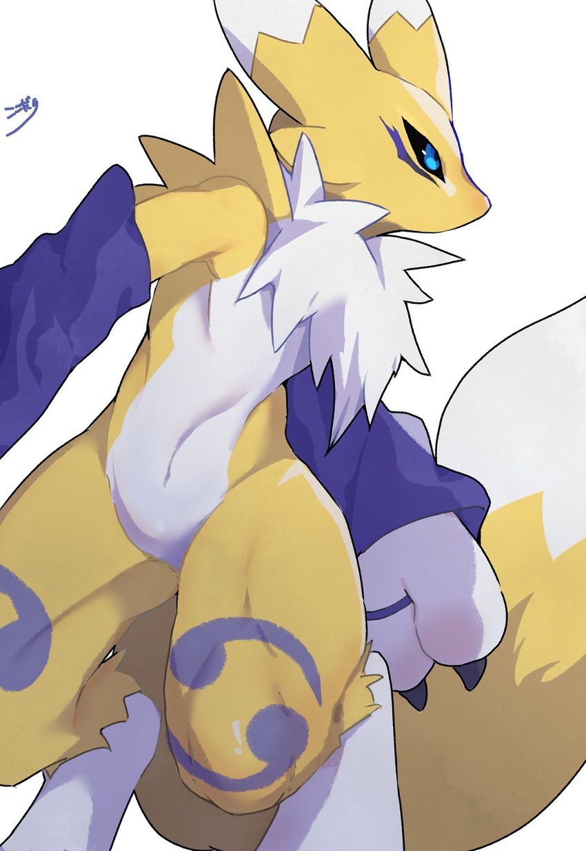 ambiguous_gender anthro arm_tuft armwear athletic biped black_claws black_sclera blue_eyes bridal_gauntlets claws clothing countershade_torso countershading fingers fluffy fur long_ears long_tail looking_aside muscular navel neck_tuft pose purple_body purple_clothing purple_fur shadow shoulder_tuft small_waist solo tail thick_thighs tomoe_(symbol) tuft white_body white_countershading white_fur yellow_body yellow_fur kokodari bandai_namco digimon digimon_(species) renamon 2025 colored digital_drawing_(artwork) digital_media_(artwork) hi_res shaded signature