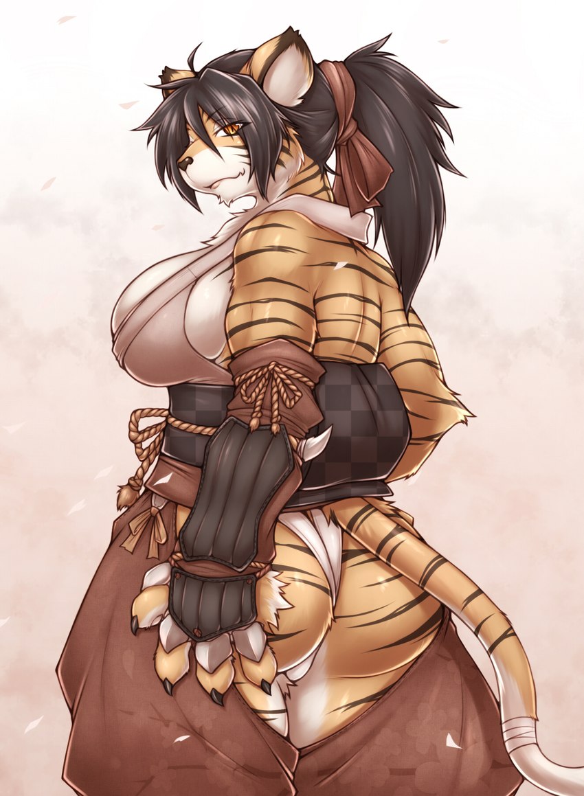 4_fingers anthro arm_tuft armor armwear asian_clothing big_breasts black_hair black_nose black_stripes breasts cheek_tuft chest_tuft chin_tuft claws cleavage clothed clothing crotchless_clothing detatched_sleeves east_asian_clothing elbow_gloves elbow_tuft eyes_closed facial_tuft female fingers fur gauntlets gloves hair half-closed_eyes handwear headgear japanese_clothing kimono legwear looking_at_viewer looking_back melee_weapon muscular narrowed_eyes orange_body orange_fur panties ponytail rear_view simple_background skimpy solo standing striped_body striped_fur stripes tail tuft underwear vambrace weapon white_body white_clothing white_fur white_hair white_panties white_underwear 340m/sec felid mammal pantherine tiger digital_media_(artwork) hi_res portrait