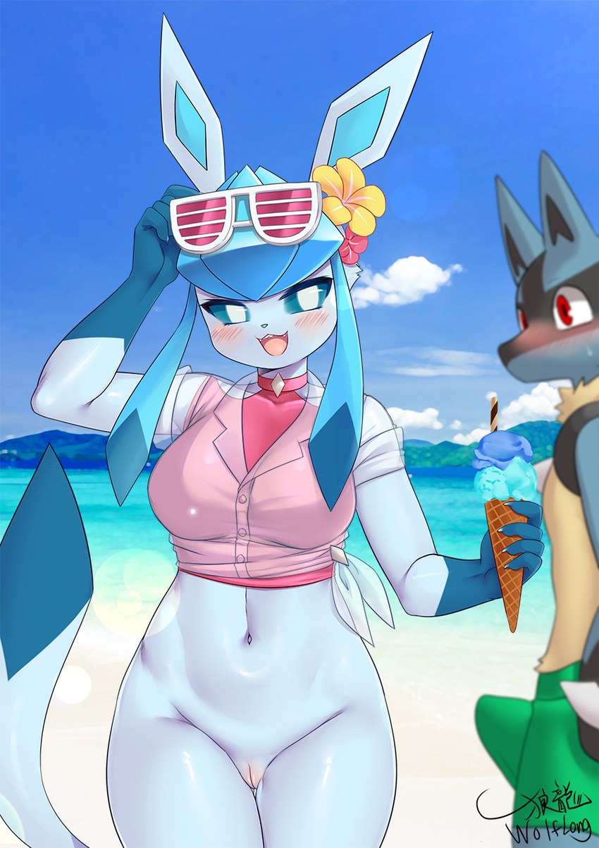 anthro anthrofied beach blue_body blue_fur blush bottomless breasts bulge casual_exposure clothed clothing dessert duo erection erection_under_clothing eyewear eyewear_on_head female flower food fur genitals holowear_(pokemon) ice_cream innie_pussy kemono male plant pussy red_eyes shutter_shades solo_focus sunglasses sunglasses_on_head thick_thighs thigh_gap wolflong nintendo pokemon pokemon_unite beach_style_glaceon canid canine eeveelution generation_4_pokemon glaceon lucario mammal pokemon_(species) hi_res