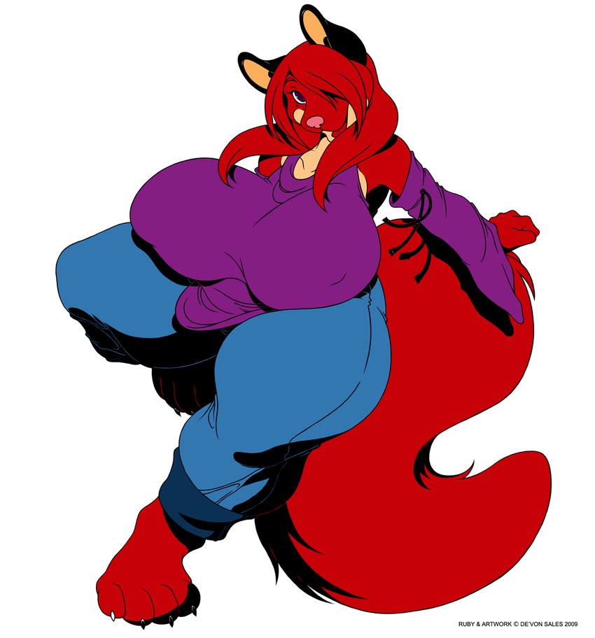 anthro big_breasts bottomwear breasts clothing female fur hair huge_breasts markings mole_(marking) open_mouth pants red_body red_fur red_hair shirt solo thick_thighs topwear deonwolf ruby_(deonwolf) canid canine fox mammal 2009 digital_media_(artwork) flat_colors hi_res