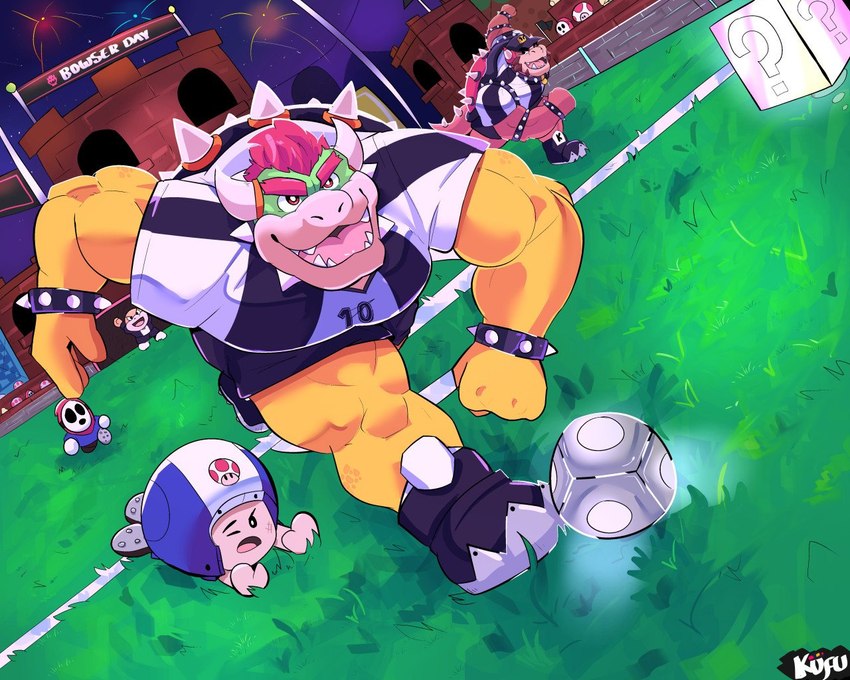 ?_block anthro ball bracelet cleats clothing detailed_background green_body green_scales group hair horn jewelry looking_at_another male male_anthro muscular red_hair scales shell soccer soccer_ball soccer_field soccer_jersey soccer_uniform sport sportswear uniform yellow_body yellow_scales kofu_grizzly_chubby bowser_day mario_bros mario_strikers nintendo boom-boom boom-boom_(character) bowser koopa mammal reptile scalie shyguy toad_(mario) turtle 5:4