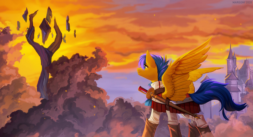 ambiguous_gender blue_eyes blue_hair day detailed_background feathered_wings feathers feral hair outside sky solo wings yellow_body yellow_feathers margony hasbro my_little_pony mythology equid equine mammal mythological_creature mythological_equine pegasus 2020 digital_media_(artwork) hi_res