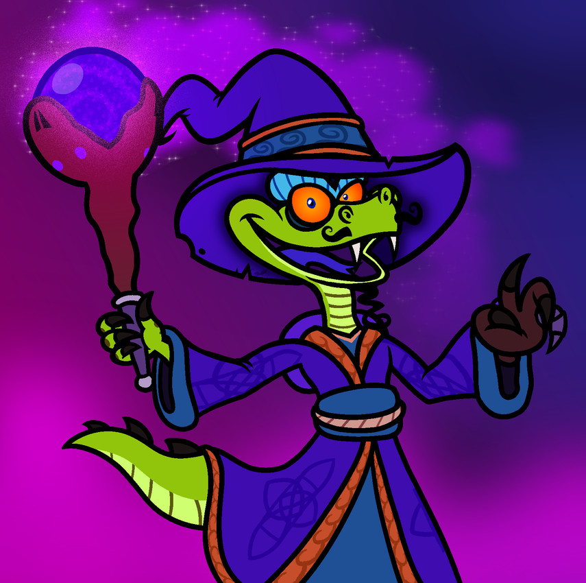 4_fingers anthro arms_bent belt black_claws black_facial_hair black_mustache black_spines blue_clothing blue_eyebrows blue_eyes blue_hat blue_headwear blue_robe blue_tongue brown_hand claws clothed clothed_anthro clothed_male clothing eyebrows facial_hair fingers forked_tongue green_body green_scales green_tail hat headgear headwear holding_wand light long_tail magic magic_user male male_anthro multicolored_body multicolored_scales mustache orange_sclera purple_background robe rope rope_belt scales simple_background smile smiling_at_viewer solo standing tail tail_spines tongue torn_clothing torn_hat torn_headwear two_tone_body two_tone_scales two_tone_tail unibrow wizard_hat wizard_robe captainquack64 activision crash_bandicoot_(series) komodo_joe wizard_komodo_joe komodo_dragon lizard monitor_lizard reptile scalie 2024 colored digital_drawing_(artwork) digital_media_(artwork) english_description hi_res lighting portrait three-quarter_portrait