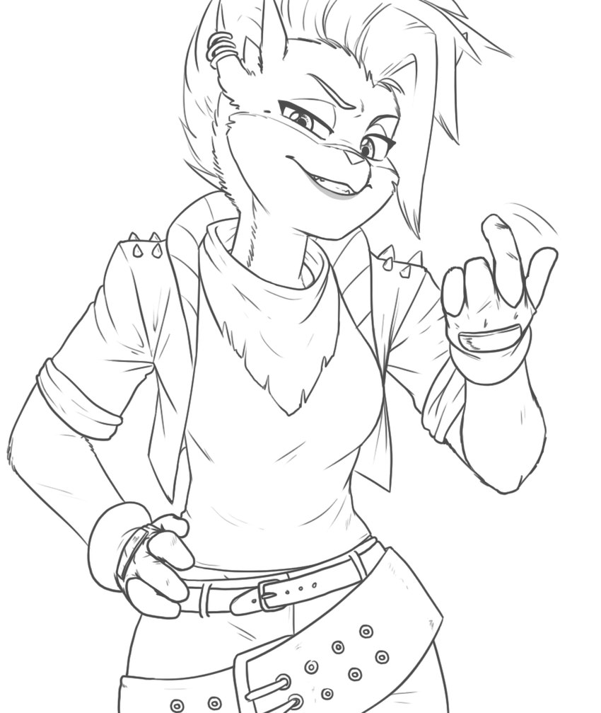 anthro beckoning belt clothing ear_piercing ear_ring female fingerless_gloves gesture gloves hand_on_hip handwear jacket lipstick makeup piercing ring_piercing solo topwear that_kei_guy activision crash_bandicoot_(series) pirate_tawna bandicoot mammal marsupial 2023 monochrome