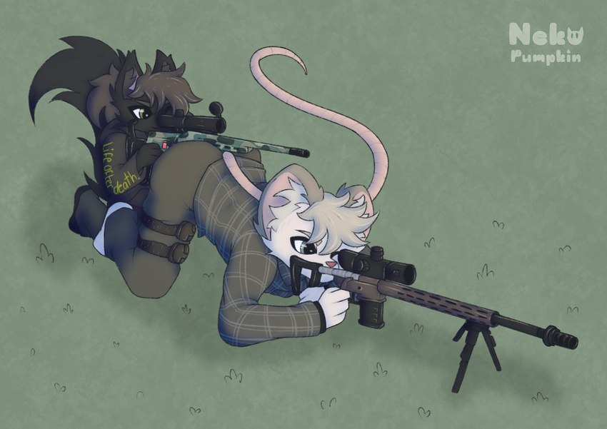 aiming aiming_weapon anthro bipod clothed clothing duo gun kneeling male ranged_weapon rifle sniper_rifle tarkov weapon nekopumpkin andy_(nekopumpkin) billy_(nekopumpkin) canid canine canis domestic_cat felid feline felis mammal mouse murid murine rodent absurd_res hi_res