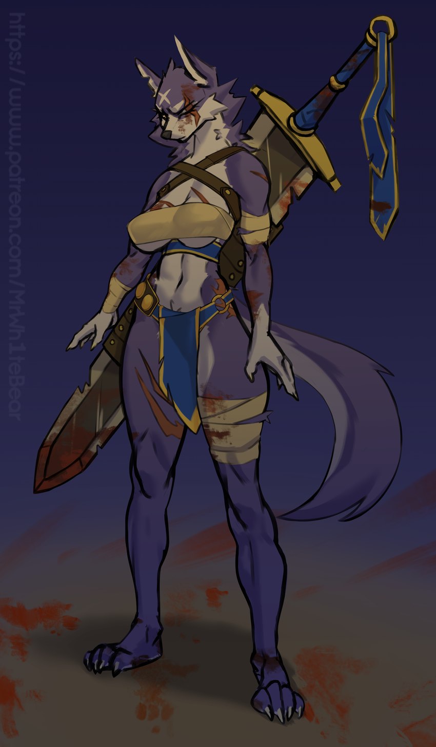 anthro bandage belly blood blood_on_bandage blood_on_face blood_on_weapon bodily_fluids bottomwear breasts claws clothed clothing ejaculation eyelashes eyes_closed facial_scar feet female female_anthro finger_claws fingers fluffy fluffy_tail fur giant_sword hands-free injuries loincloth looking_down melee_weapon mouth_closed muscular muscular_anthro muscular_female navel neck_tuft paws purple_body purple_fur scabbard scar simple_background skimpy solo standing sword tail text toe_claws toes tomboy topwear tuft warrior weapon white_belly white_body white_fur mrwhitebear capcom monster_hunter canid canine canis canyne mammal palamute wolf 2025 absurd_res digital_media_(artwork) hi_res url