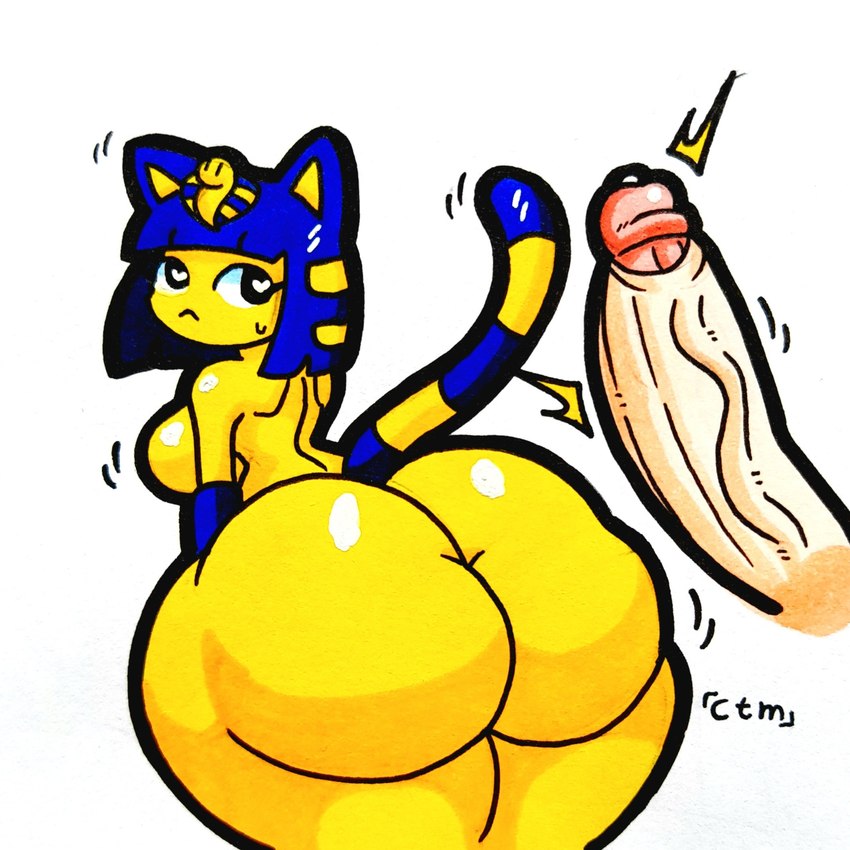 anthro big_butt big_penis black_eyes blue_body blue_fur blue_hair bodily_fluids bottom_heavy breasts butt clothing disembodied_penis duo egyptian egyptian_clothing egyptian_headdress erection eyelashes female female_focus fur genital_fluids genitals glans hair heart_eyes heart_symbol huge_butt huge_penis humanoid_genitalia humanoid_penis imminent_sex looking_back male male/female markings nude penis precum rear_view short_hair simple_background solo_focus striped_markings striped_tail stripes sweat sweatdrop tail tail_markings tan_body tan_skin thick_thighs uraeus vein veiny_penis white_background wide_hips yellow_body yellow_fur yellow_inner_ear mr_ctm animal_crossing nintendo ankha_(animal_crossing) domestic_cat felid feline felis mammal 1:1 digital_media_(artwork) hi_res