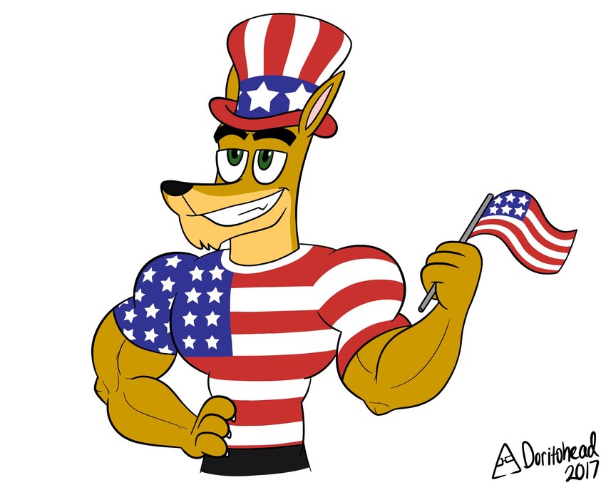 american_flag anthro biceps clothing fingers fur green_eyes hand_on_hip hat headgear headwear holidays male multicolored_body multicolored_fur muscular muscular_anthro muscular_male simple_background smile solo standing tan_body tan_fur teeth two_tone_body two_tone_fur united_states_of_america white_background yellow_body yellow_fur doritohead 4th_of_july joseph_carter kangaroo macropod mammal marsupial 2017 5:4 artist_name digital_media_(artwork) hi_res signature