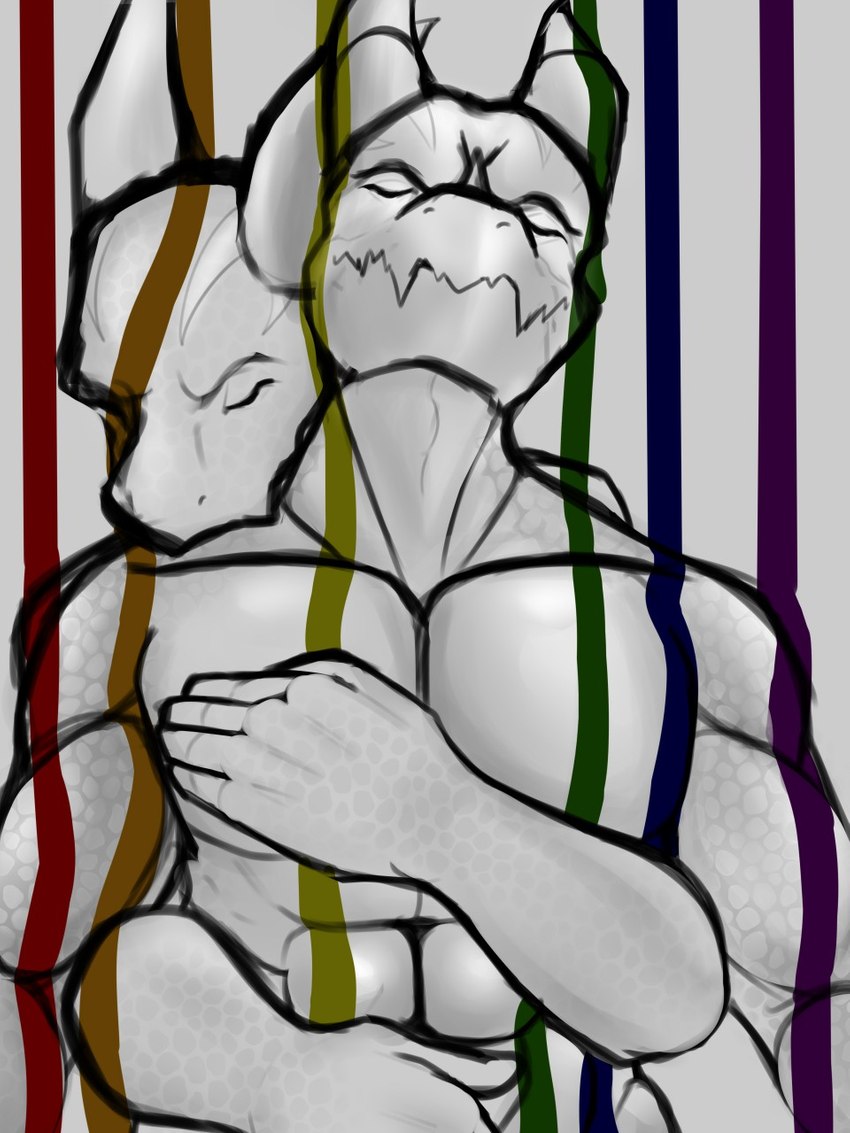 abs anthro biceps cuddling duo eye_ridges eyes_closed fingers horn hug hugging_another hugging_from_behind intimate lgbt_pride male markings multicolored_markings muscular muscular_male obliques pecs pride_color_background pride_colors rainbow_markings rainbow_pride_colors rainbow_symbol simple_background six-stripe_rainbow_pride_colors shoutless mythology dragon mythological_creature mythological_scalie scalie 3:4 half-length_portrait hi_res portrait