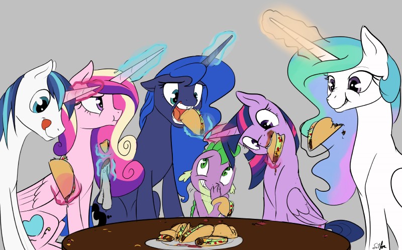 eating feathered_wings feathers female feral food fur group hair horn husband_and_wife male married_couple multicolored_hair purple_body purple_fur purple_hair taco two_tone_hair wings silfoe friendship_is_magic hasbro my_little_pony mythology princess_cadance_(mlp) princess_celestia_(mlp) princess_luna_(mlp) shining_armor_(mlp) spike_(mlp) twilight_sparkle_(mlp) dragon equid equine mammal mythological_creature mythological_equine mythological_scalie scalie unicorn winged_unicorn 2015 hi_res brother_(lore) brother_and_sister_(lore) sibling_(lore) sister_(lore)