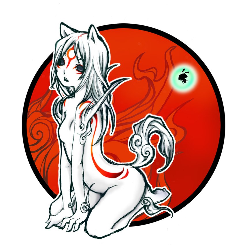 anthro anthrofied biped duo female fur kneeling nude tail white_body white_fur kintaro_(artist) capcom clover_studio okami_(capcom) amaterasu_(okami) issun_(okami) canid canine canis deity domestic_dog mammal poncle wolf 1:1