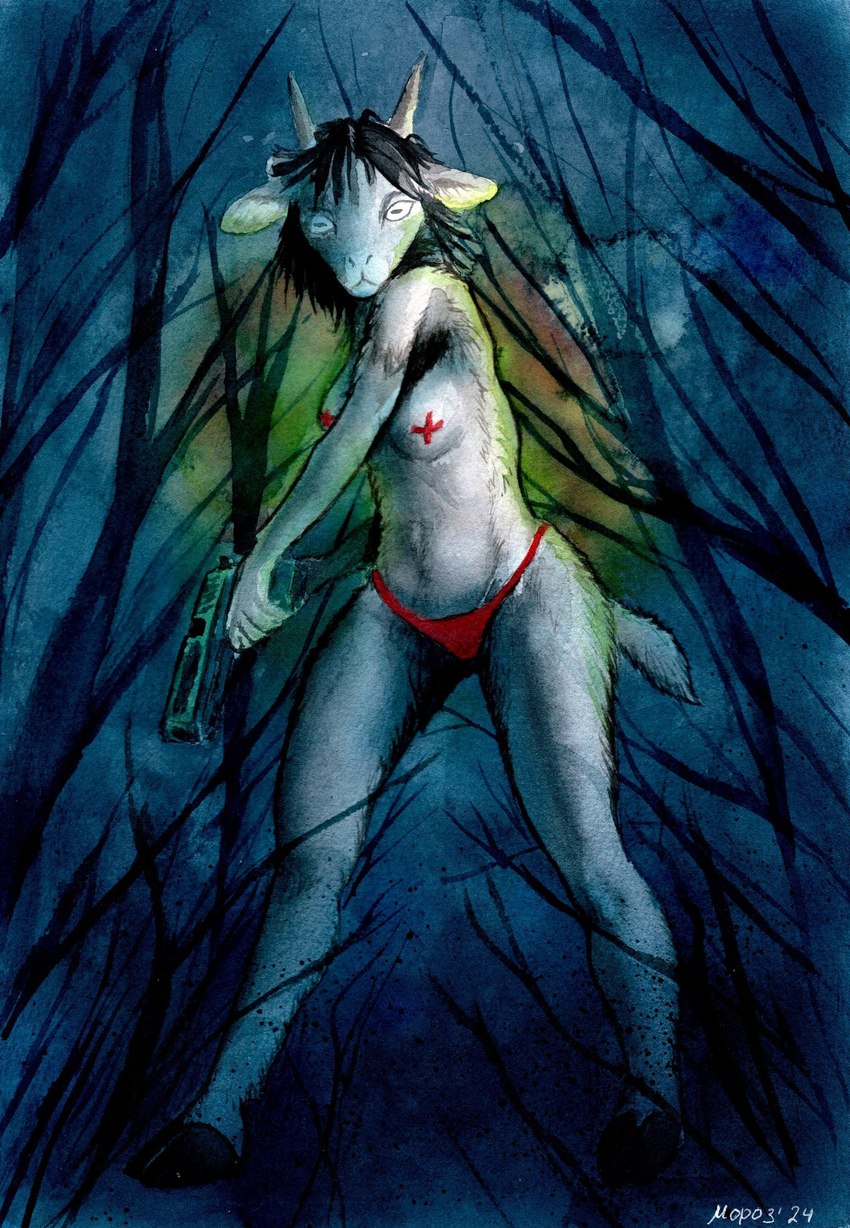 anthro choror clothing female looking_at_viewer night plant searching solo standing swimwear tree watercolor_background dimasbka kosha_(dimasbka) bovid caprine goat mammal 2024 absurd_res hi_res painting_(artwork) traditional_media_(artwork) traditional_painting_(artwork) traditional_watercolor_(artwork) watercolor_(artwork)