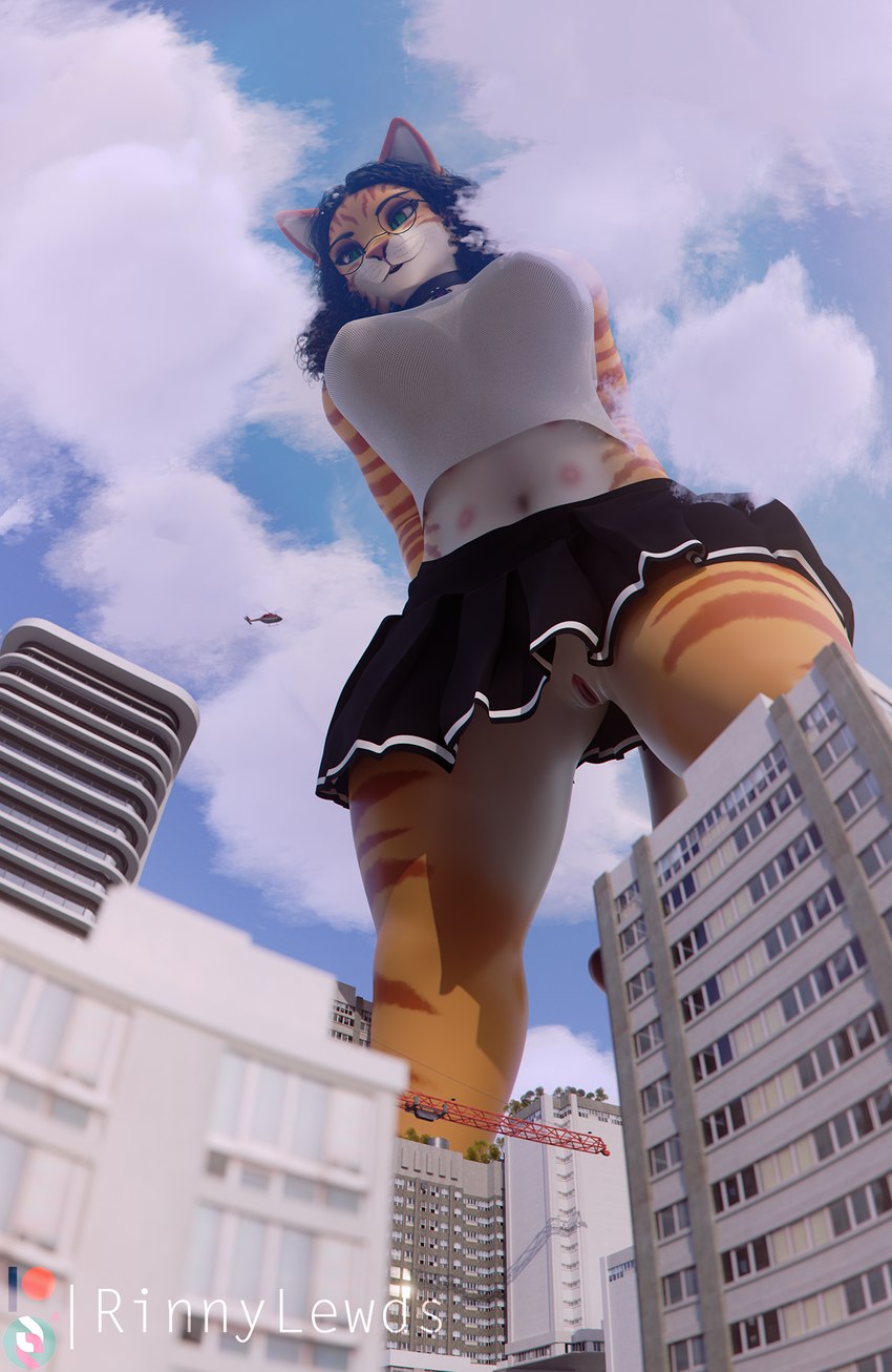 aircraft anthro black_hair bottomwear breasts city clothing cloud collar eyewear facial_piercing female fur genitals glasses green_eyes hair helicopter macro multi_nipple multi_teat nipples nose_piercing orange_body orange_fur piercing pussy skirt sky teats vehicle rinny rinny_(character) domestic_cat felid feline felis mammal tabby_cat 2023 3d_(artwork) blender_(artwork) digital_media_(artwork) hi_res
