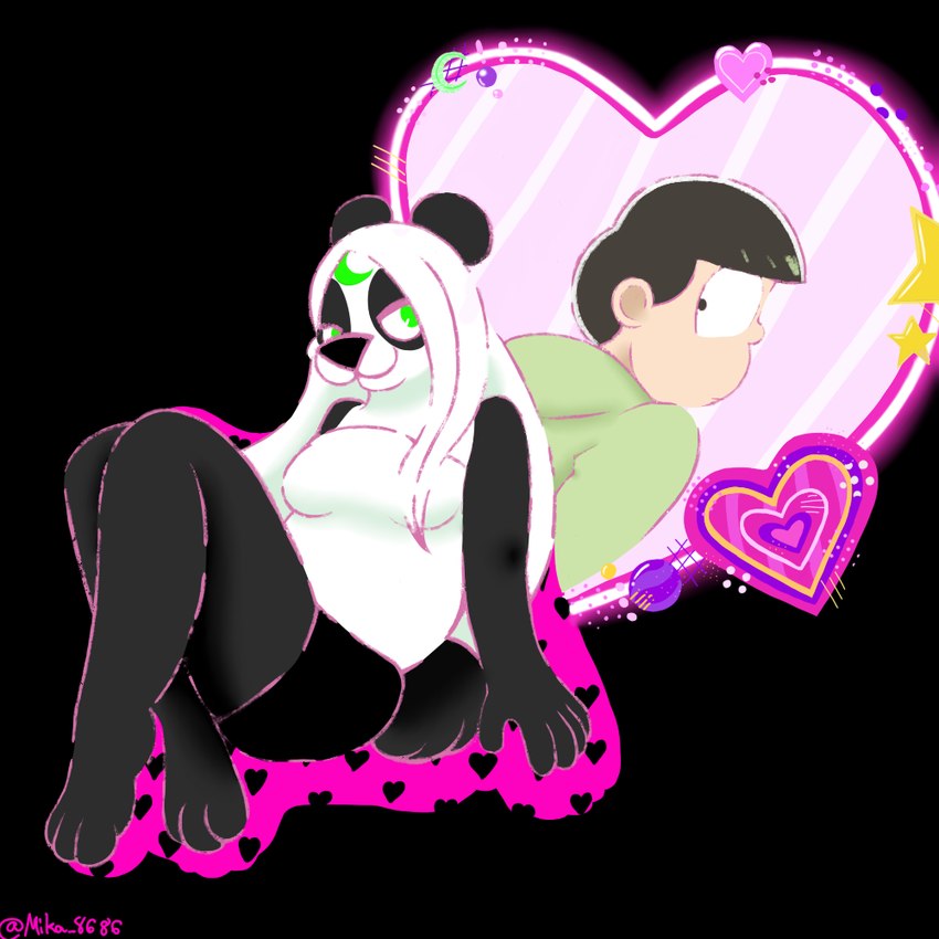 anthro black_body black_fur black_nose bottomwear clothed clothing duo female fur fur_markings green_eyes hair male male/female markings round_ears screencap_redraw simple_background sitting skirt slightly_chubby white_body white_fur white_hair lunarpanda8686 mr._osomatsu choromatsu_matsuno mika_(lunarpanda8686) bear giant_panda human mammal 1:1 portrait