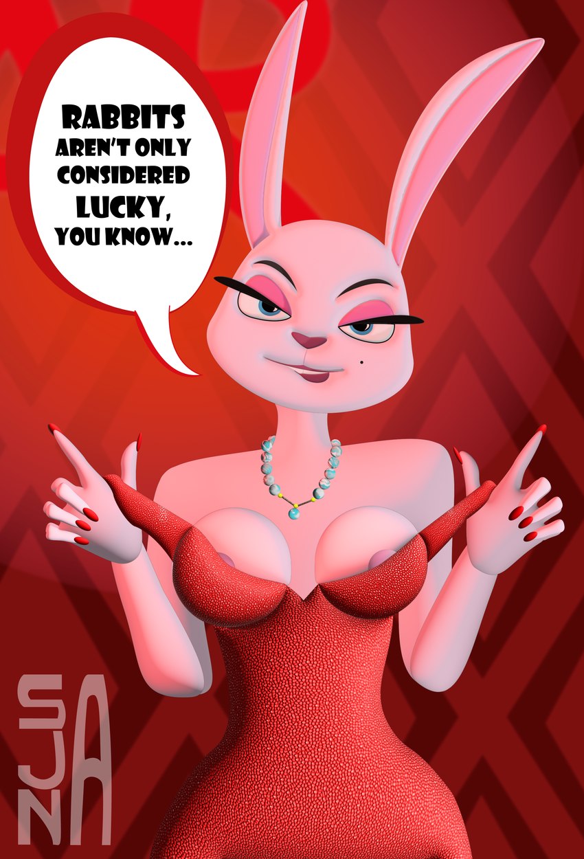 anthro bedroom_eyes bite biting_lip breasts clothed clothing female jewelry looking_at_viewer narrowed_eyes nipple_outline seductive solo speech_bubble sajana liar's_bar cupcake_(liar's_bar) lagomorph leporid mammal rabbit absurd_res hi_res