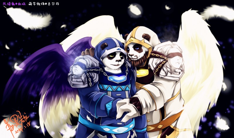 anthro black_body black_fur clothed clothing duo fur male male/male priest white_body white_fur wings warlocknyan blizzard_entertainment warcraft bear mammal pandaren 2014 hi_res