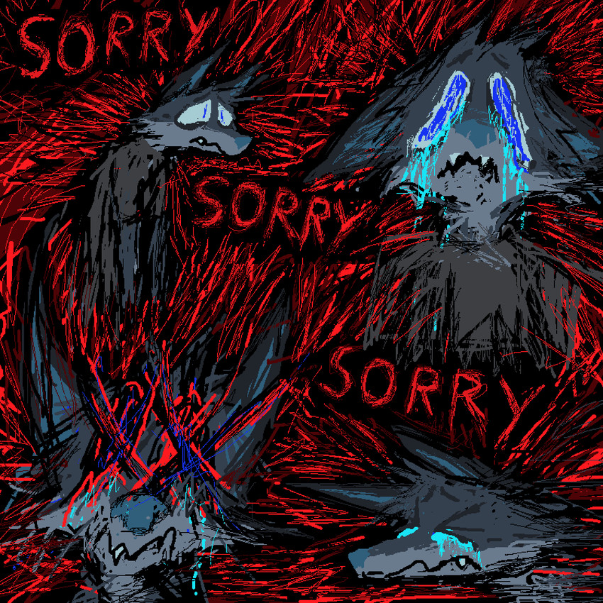 abstract_background anthro apologetic apology blue_body blue_fur bodily_fluids clothing crying fur grey_body grey_clothing grey_fur grey_shirt grey_topwear male red_text sad shirt solo tears text topwear vent_art demensa emil_(demensa) canid canine canis coyote domestic_dog hybrid mammal 1:1 2023 english_text hi_res