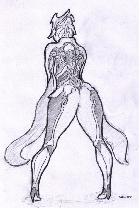 butt clothing faceless female footwear genitals high_heels not_furry pussy rear_view shoes simple_background solo saidra digital_extremes tencent warframe garuda_(warframe) alien humanoid tenno graphite_(artwork) hi_res monochrome traditional_media_(artwork)