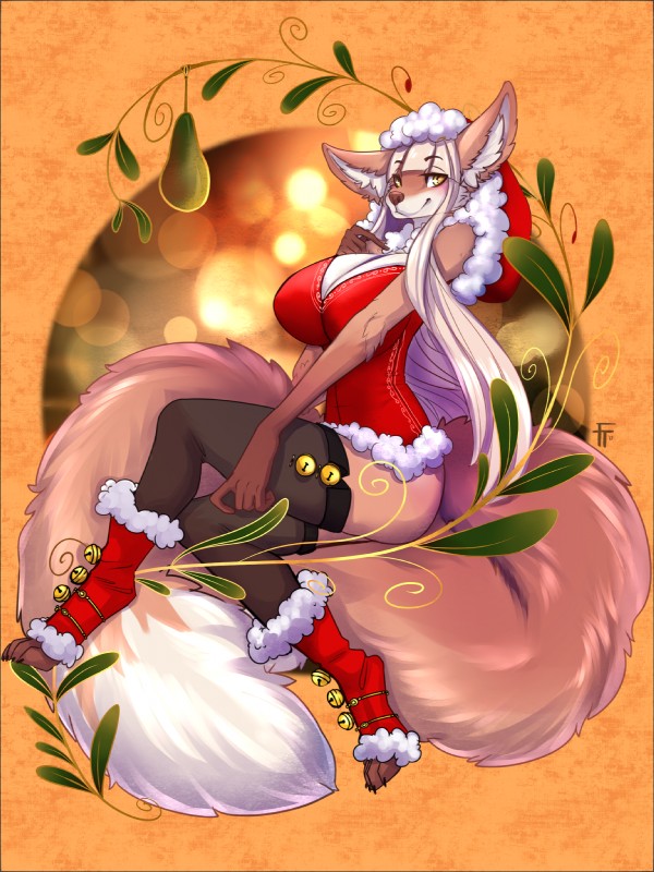 anthro barefoot bent_arm bent_legs big_breasts big_ears breasts cheek_tuft chest_tuft claws cleavage clothed clothing crossed_legs extended_arm eyelashes facial_tuft feet female foot_on_own_tail foot_on_tail fruit_tree hand_on_leg hand_on_own_leg hand_on_own_thigh hand_on_thigh hindpaw holidays huge_breasts inner_ear_fluff leg_tucked_under legwear paws pear_tree plant raised_hand sitting sitting_on_tail solo stockings toe_claws toes touching_leg touching_own_leg touching_own_thigh touching_thigh tree tucked_arm tuft firetally christmas loyse canid canine fennec_fox fox mammal true_fox 2017 3:4 hi_res