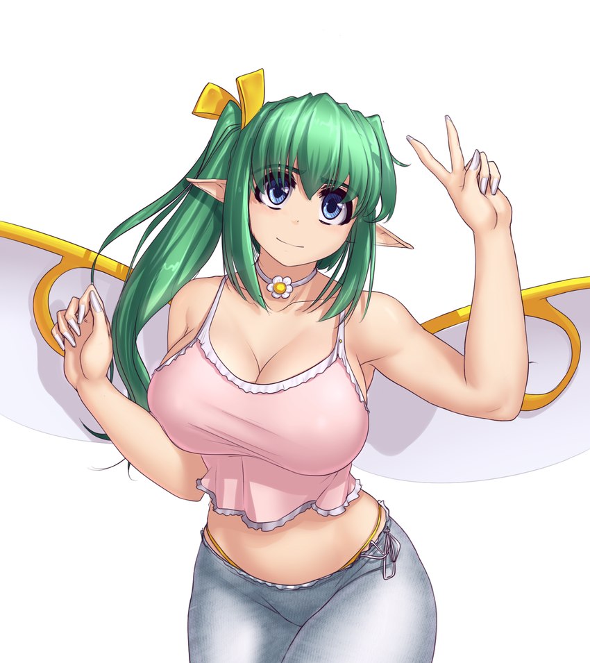 accessory big_breasts blue_eyes bottomwear bow_ribbon breasts choker cleavage clothed clothing colored_nails female gesture green_hair grey_bottomwear grey_clothing grey_pants hair hair_accessory hair_bow hair_ribbon hand_gesture humanoid_pointy_ears insect_wings jewelry long_hair looking_at_viewer midriff nails necklace not_furry pants panty_peek pink_clothing pink_topwear pointy_ears ribbons simple_background smile solo tan_body tan_skin thick_thighs topwear v_sign white_background white_nails wide_hips wings hater_(hatater) touhou daiyousei fairy humanoid winged_humanoid hi_res