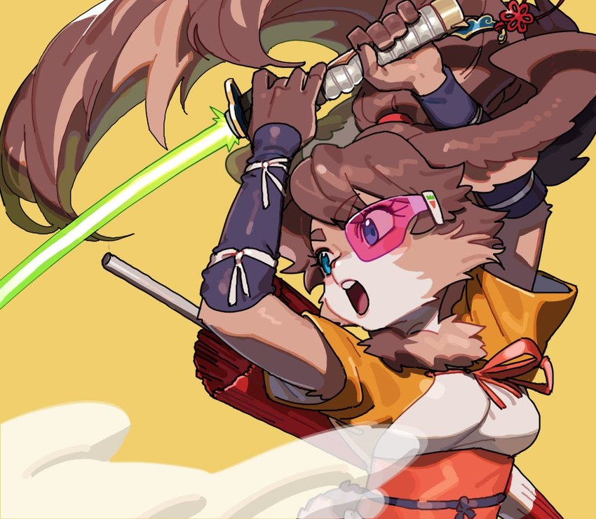 accessory action_pose anthro blue_eyes breasts brown_body brown_fur brown_hair cheek_tuft clothing eyebrow_through_hair eyebrows eyelashes eyewear facial_tuft female fur green_lightsaber hair hair_accessory hair_tie lightsaber long_hair melee_weapon neck_tuft open_mouth ponytail pose scouter solo tan_body tan_fur translucent translucent_hair tuft umbrella visor weapon goatdraw star_wars star_wars_visions lop_(star_wars_visions) lagomorph lepi leporid mammal rabbit 2024